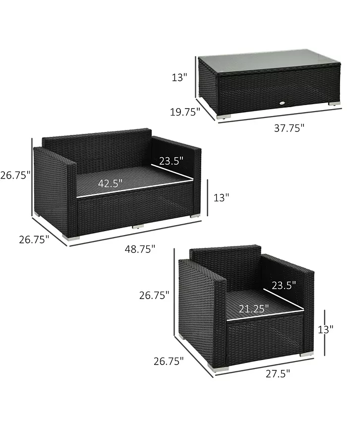 Outsunny 4-Piece Rattan Wicker Furniture Set Outdoor Cushioned Conversation Furniture with 2 Chairs Loveseat and Glass Coffee Table White