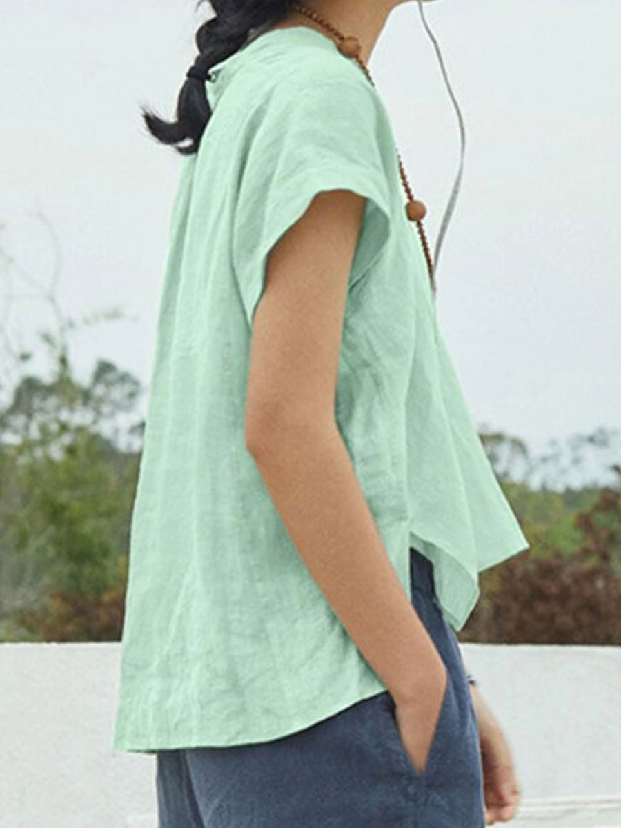 V-neck Casual Loose Solid Color Short-sleeved Blouse