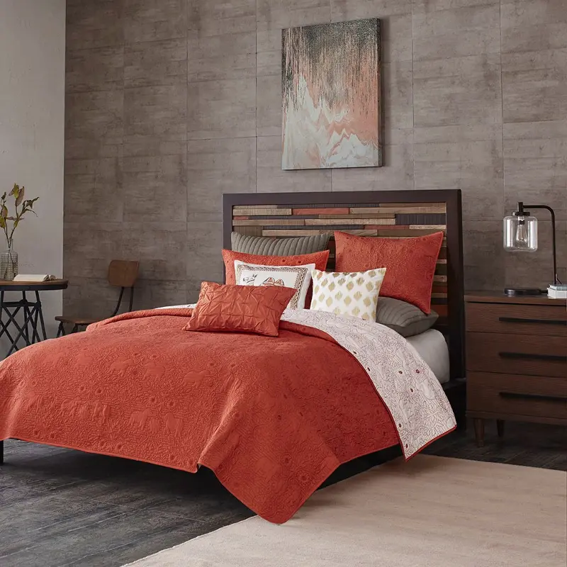 Burnt Orange and Tan Queen Kandula 3 Piece Coverlet Set