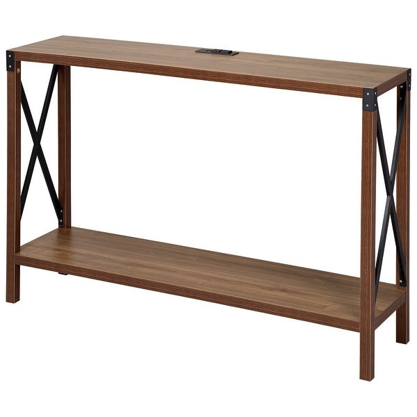 Industrial Rectangular Wood Console Table with AC Power and USB Charging Ports， Walnut