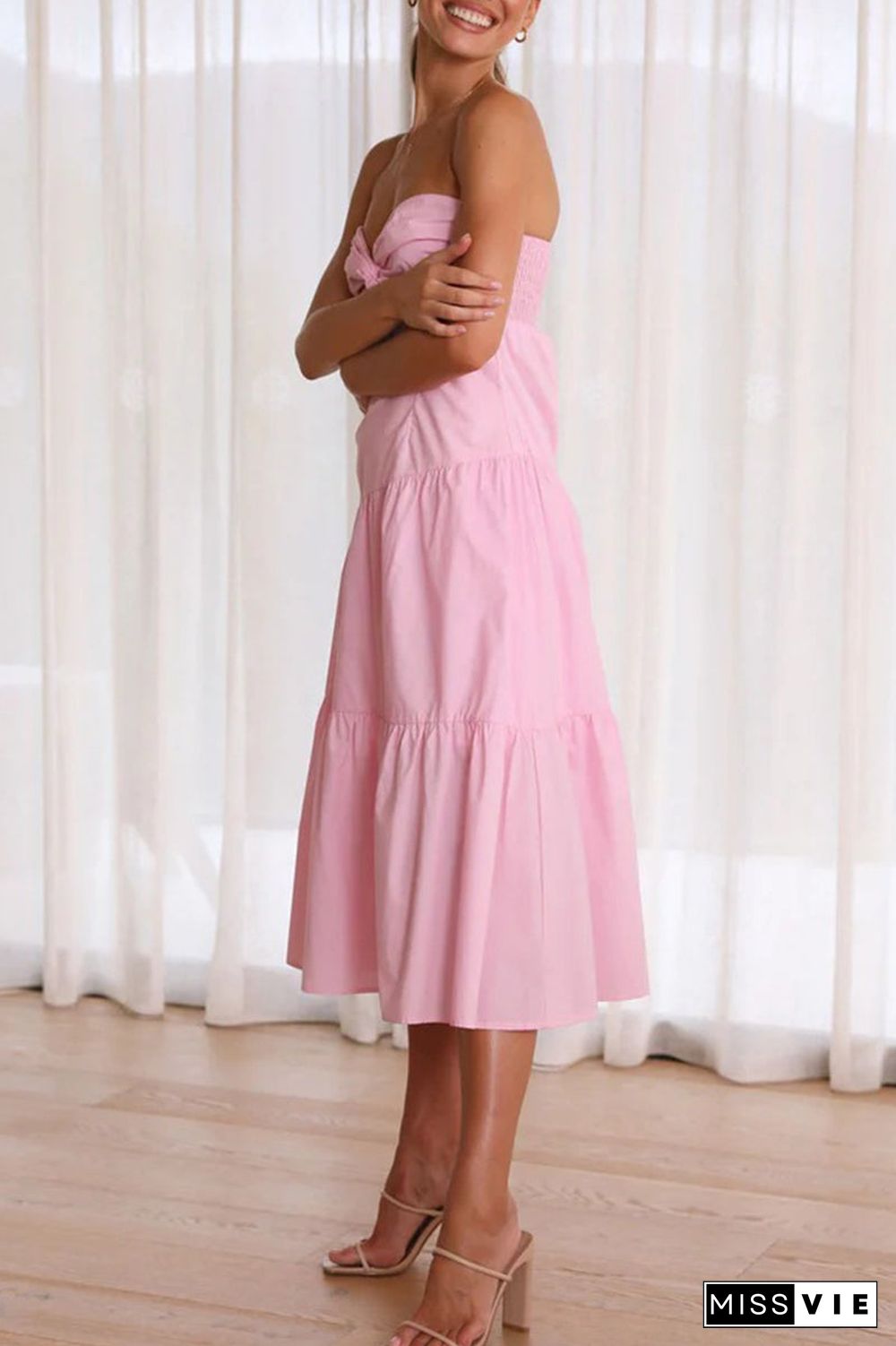 Sweet Elegant Solid Fold Strapless Waist Skirt Dresses