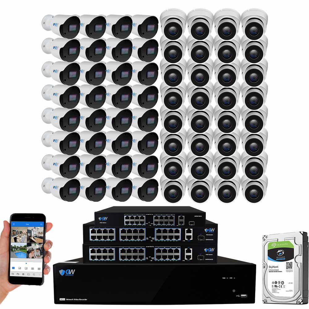 GW Security 64-Channel 8MP 16TB NVR Smart Security Camera System with 32 Wired Turret and 32 Bullet Cameras 3.6 mm Fixed Lens AI GW8536MIC32-GW8537IP32-16T