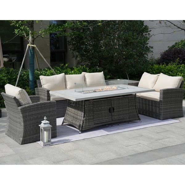 5Piece Patio Wicker Conversation Sofa with Firepit Table and Storage Box