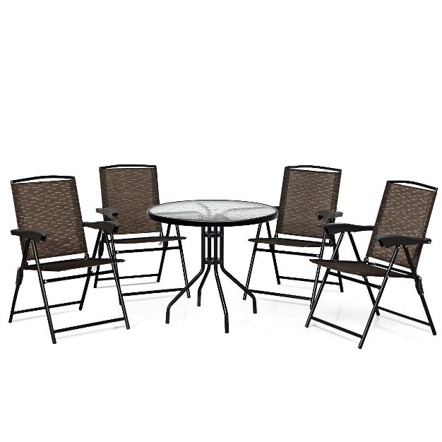 Costway 5pc Bistro Outdoor Patio Furniture Set Glass Table W 4 Folding Adjustable Chairs