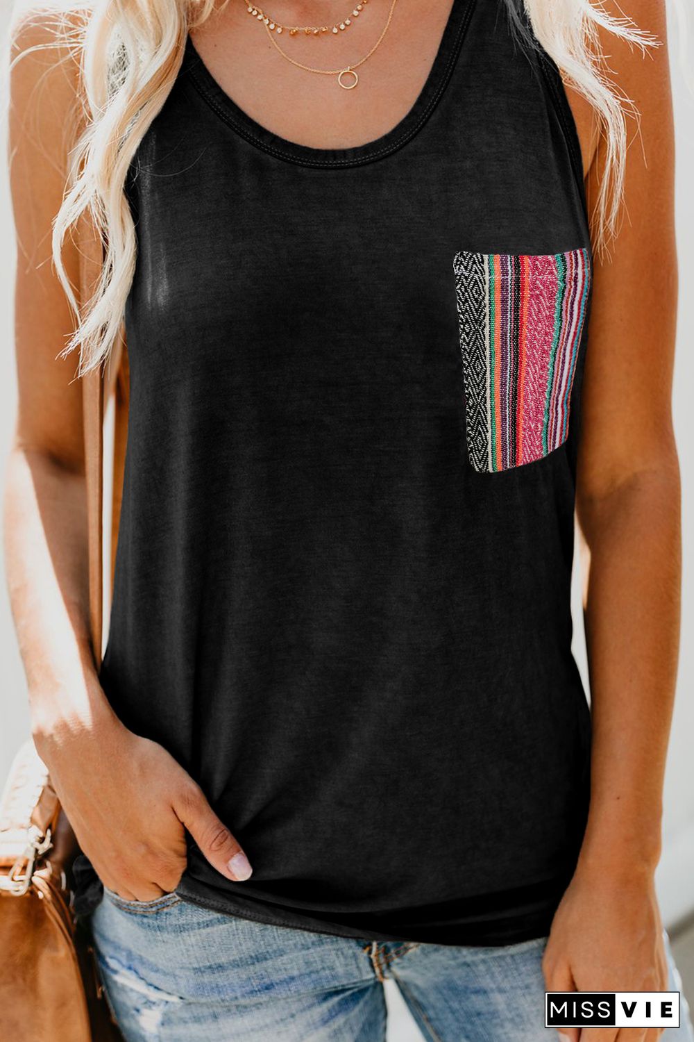 Black Casual Women Tank Top with Multicolor Pocket