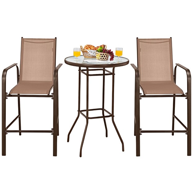 Costway 3 Pcs Outdoor Patio Bar Table Stool Set Height Tempered Glass Top