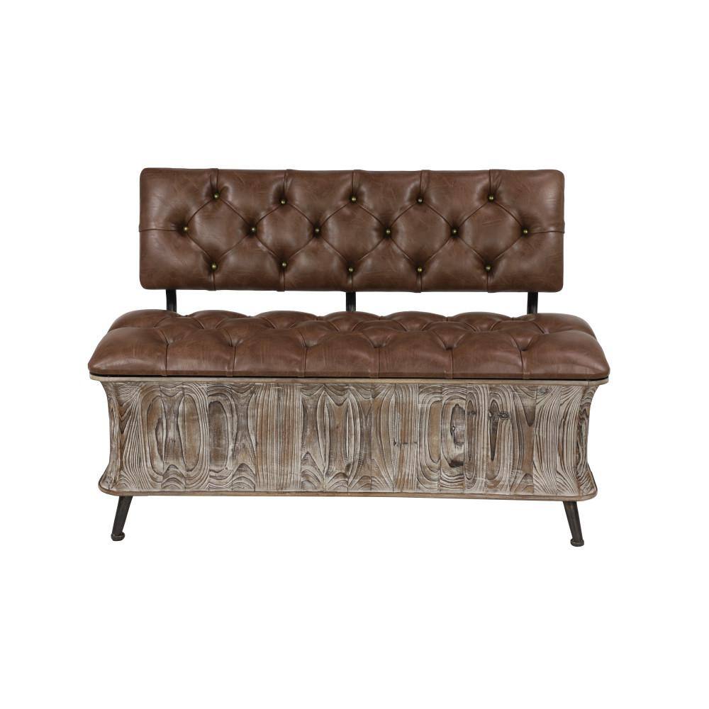 Litton Lane Brown Storage Bench with Tufted Faux Leather Seat and Back 32 in. X 47 in. X 20 in. 90673