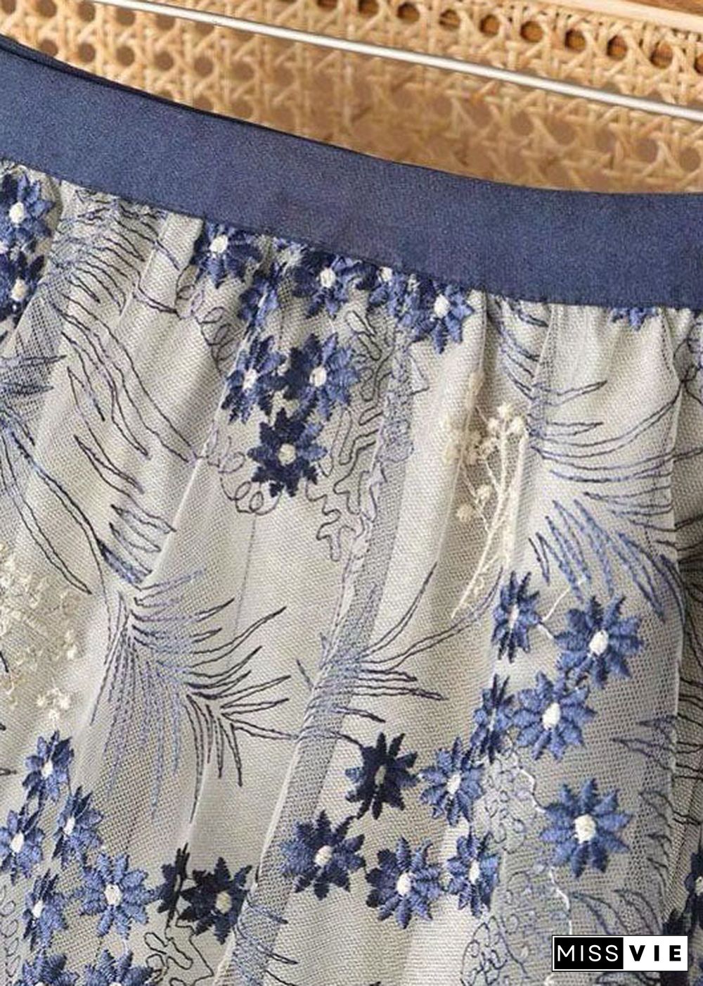 Elegant Blue Embroidery Wrinkled Tulle Skirts Summer