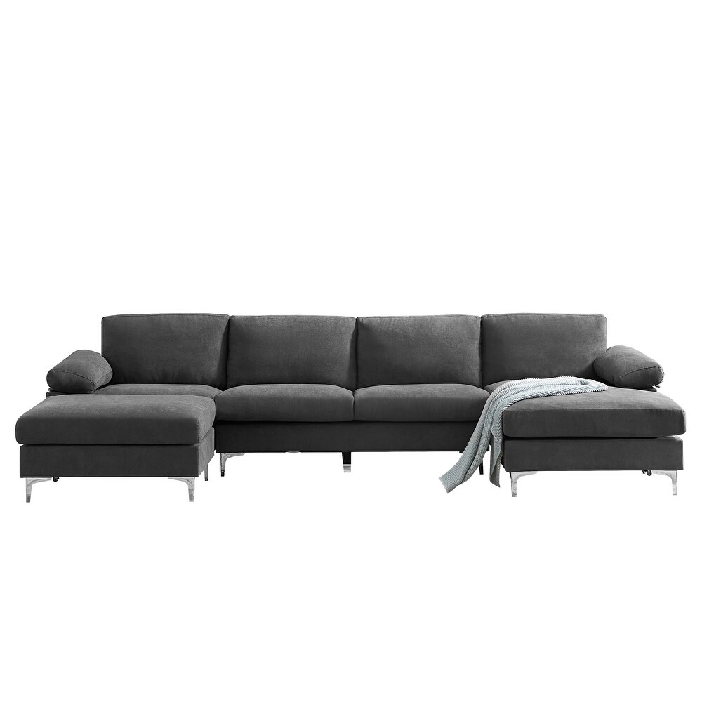 L shape Convertible Sectional Fabric Sofa  Dark Grey/Blue/Dark Grey