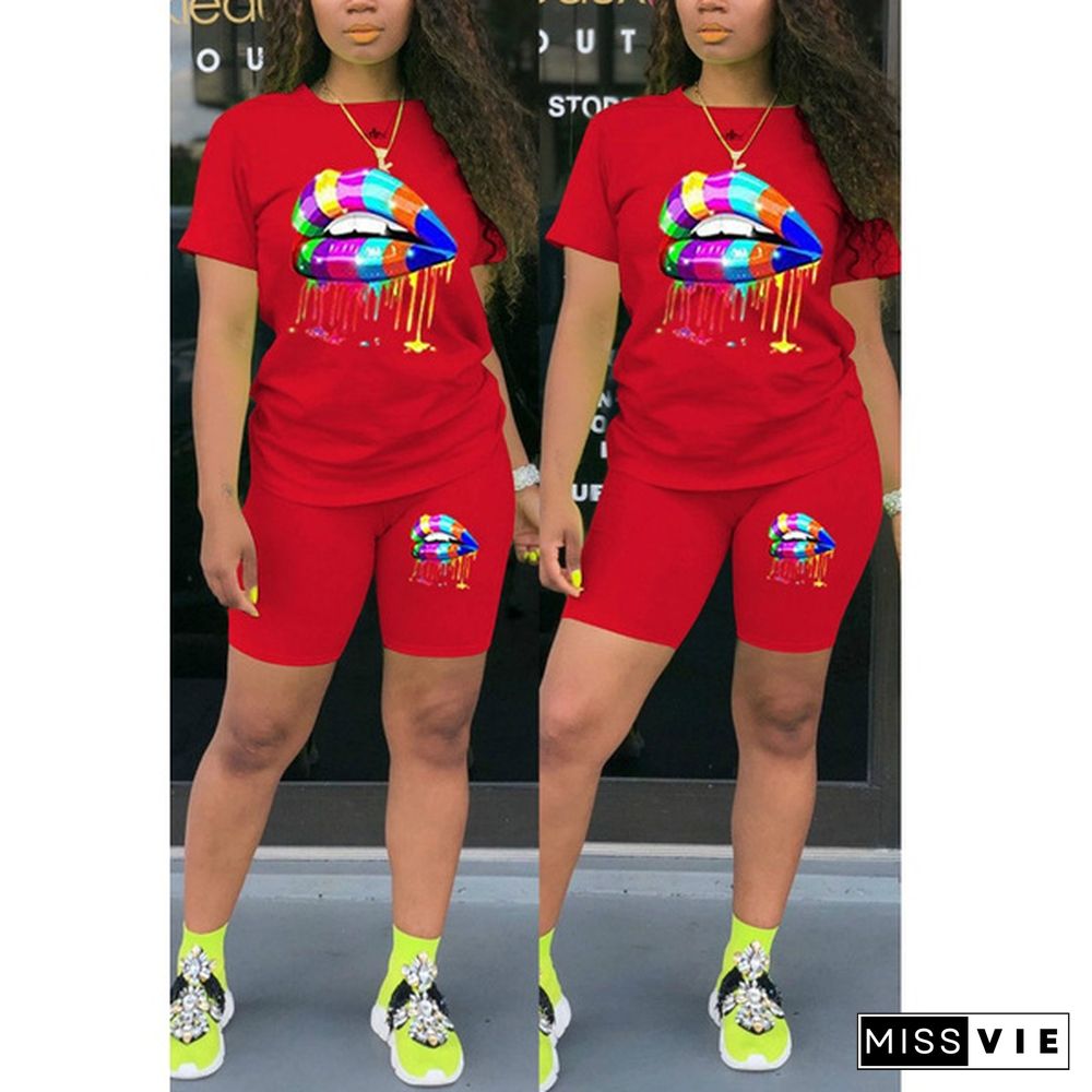 New Fashion Women's Two Piece Outfits Lips Print Short Sleeves T-Shirt Bodycon Shorts Tracksuit Set