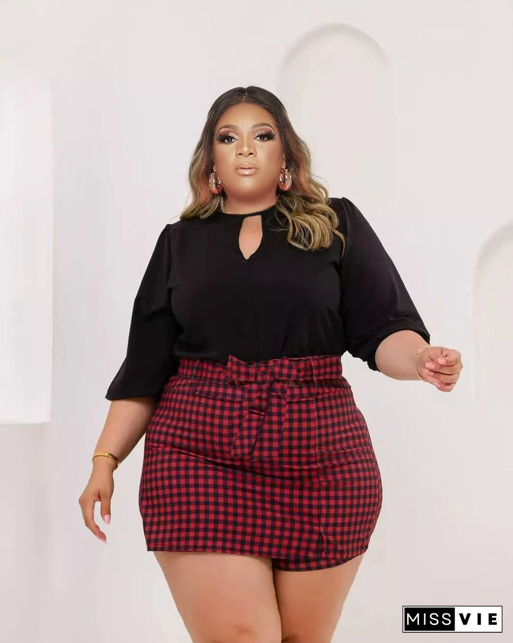 Plus Size Long Sleeve Crop Tops Plaid Skirts Set