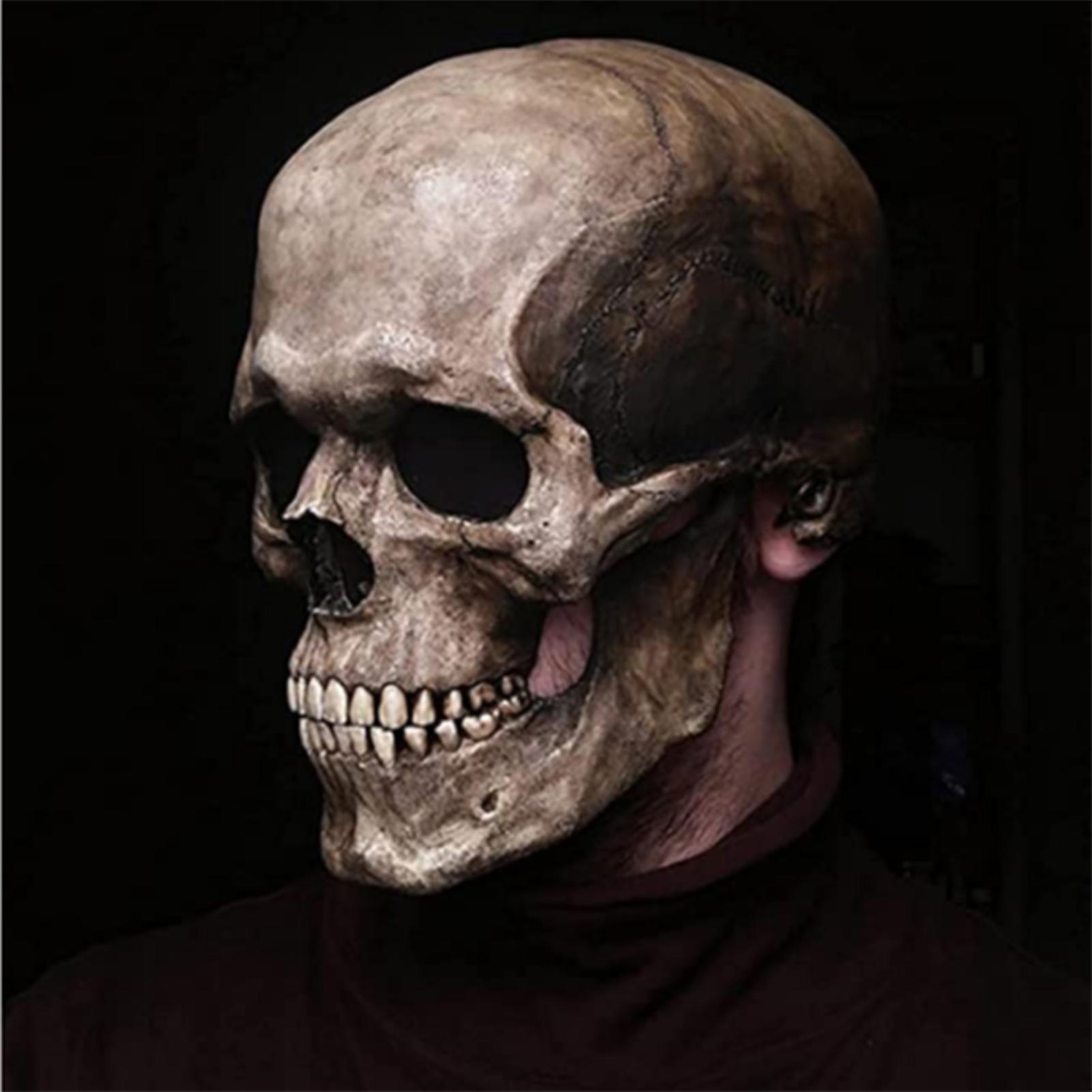 Full-head Skull Face Cover Hel-met H-alloween Party Prop Creepy Skeleton Headgear With Movable Jaw Dark Yellow