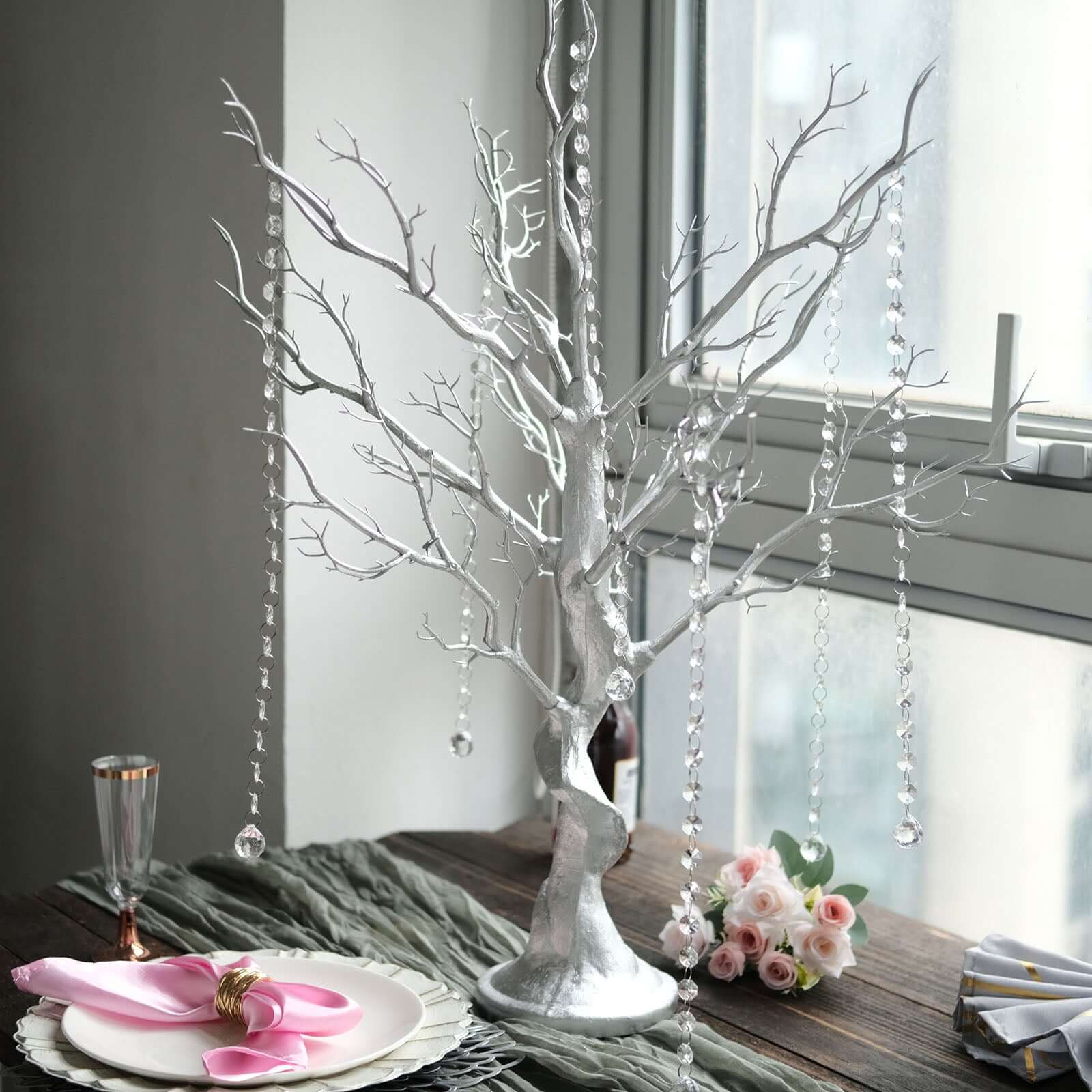 Metallic Silver Manzanita Centerpiece Tree + 8 Acrylic Bead Chains 34