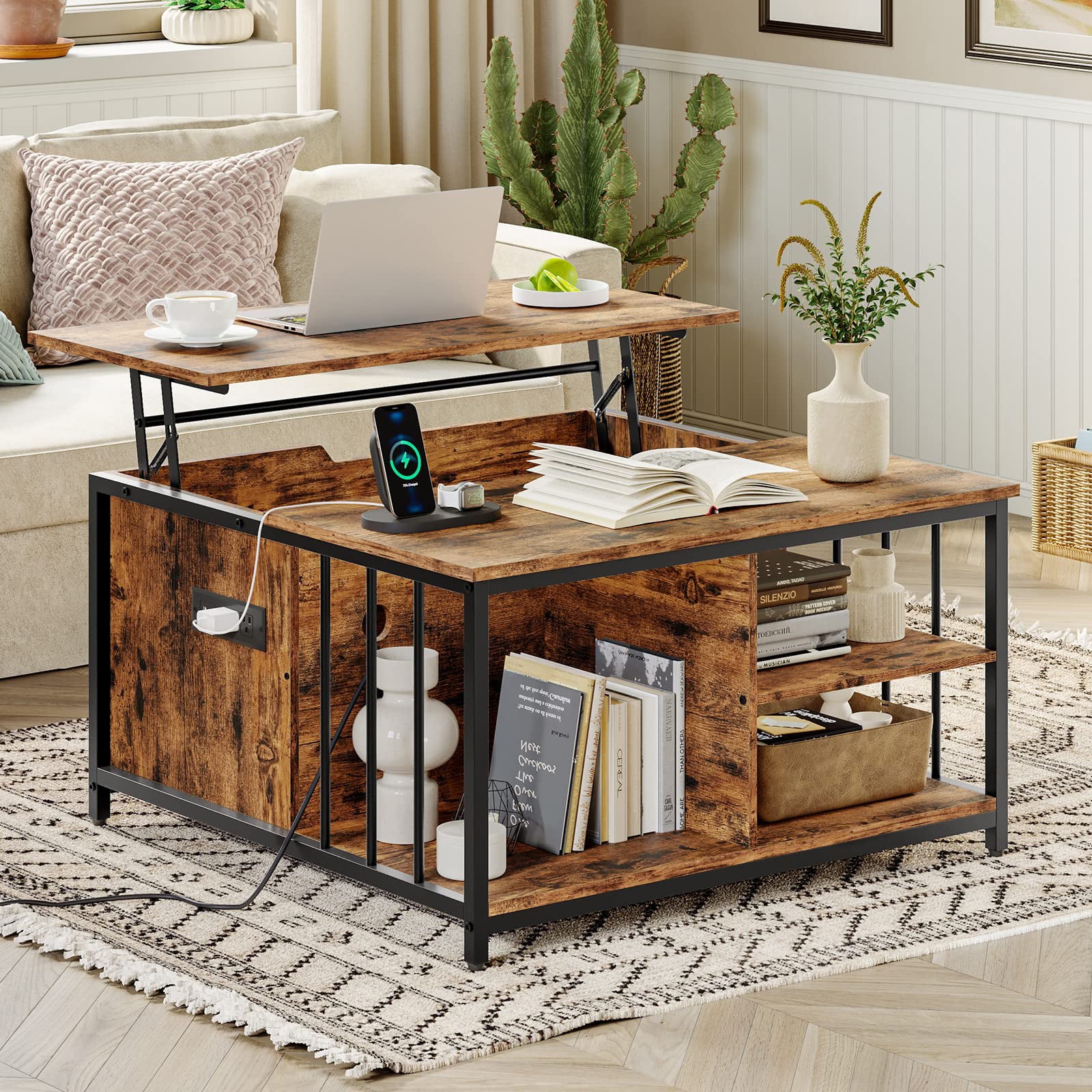 AOGLLATI Lift Top Coffee Table With Storage, Hidden Compartment and Open Shelf, Farmhouse Coffee Table With Charging Station, Wood Lift Tabletop Central Table With Door for Living Room, Brown