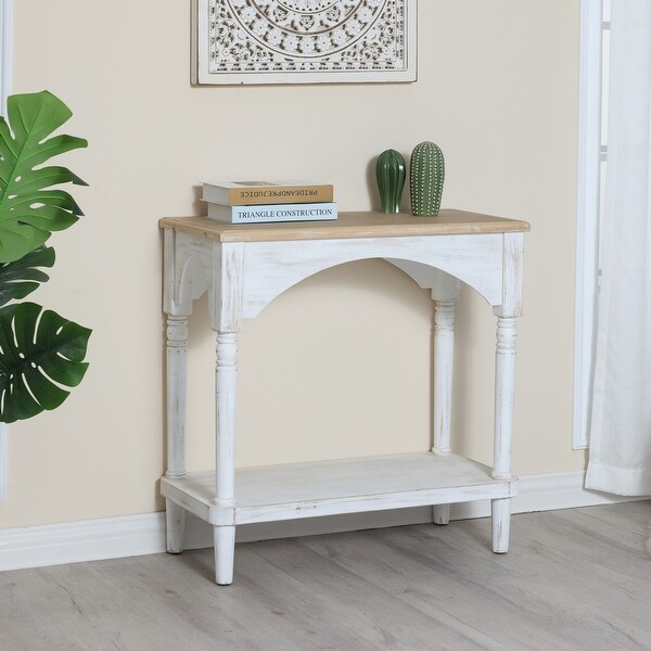 Farmhouse White and Natural Wood Rectangular Console Table， Open Shelf Storage - 32.25