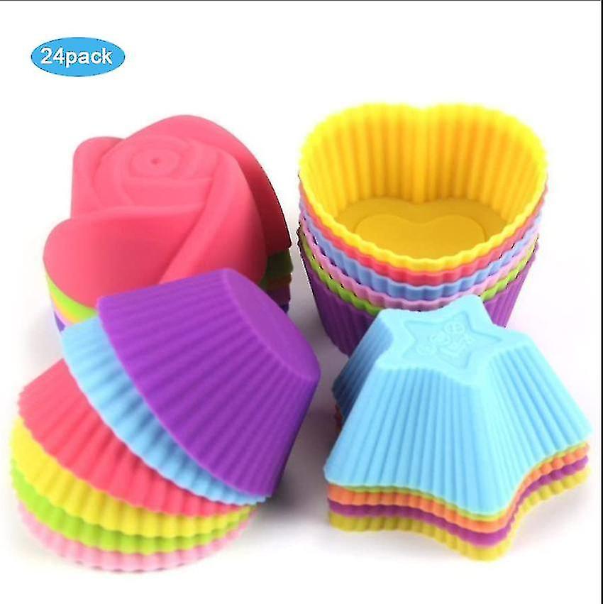 24 Pcs Silicone Cupcake Liners Reusable Baking Cups Easy Clean Pastry Molds 4 Shapes Round Stars Heart Flowers