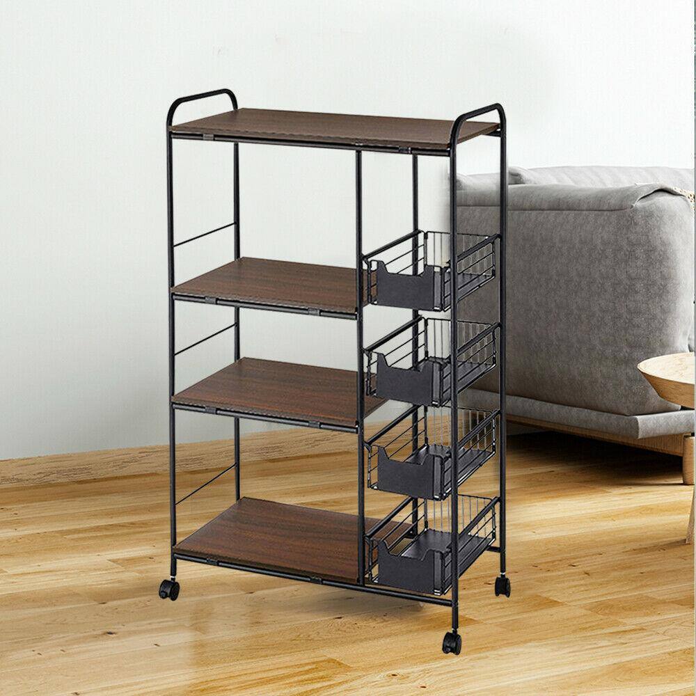 YIYIBYUS Walnut Wood Rolling 4-Tier 4-Wheeled Metal Wire Baskets Stand Cart in Black HG-LYFLST-6010-1