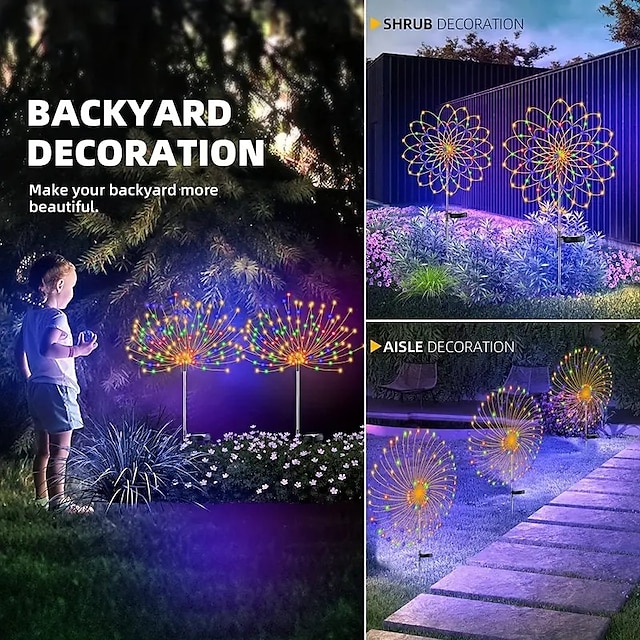 Fireworks Solar Lights Outdoor Pathway Lights Solar Powered Starburst Fairy Lights Waterproof 8 Lighting Modes with Remote Control For Patio Decorative Landscape 90/120/150/180/200 LEDs