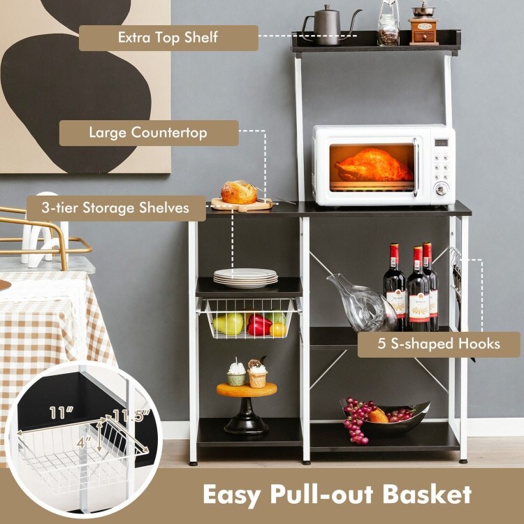 4 tier P2 Standard MDF Kitchen Baker's Rack  Spice Rack Organizer with Basket and 5 Hooks  Supporting Can Hold up to 129lbs