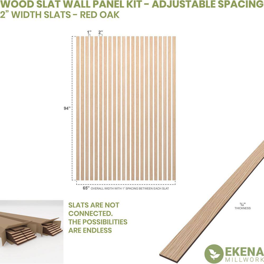 Ekena Millwork 94-in H x-14-in T Adjustable Wood Slat Wall Panel Kit w2-in W Slats Red Oak (contains 22 Slats) SWW66X94X0250RO