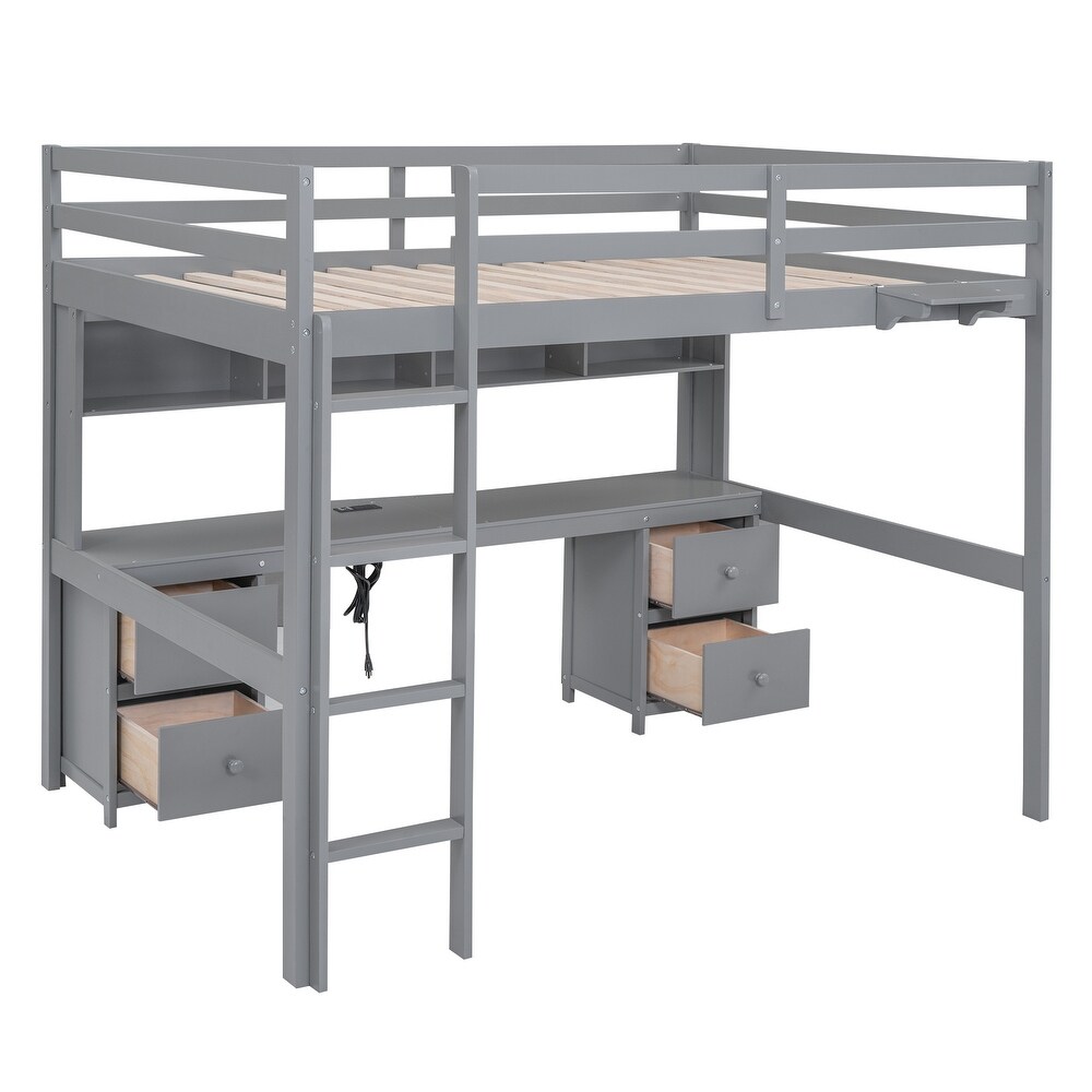 Full Size Loft Bed with Desk  Storage Cabinets  Drawers   Bedside Tray  Versatile Wood Bedframe with Plug Outlets   2 USB Port