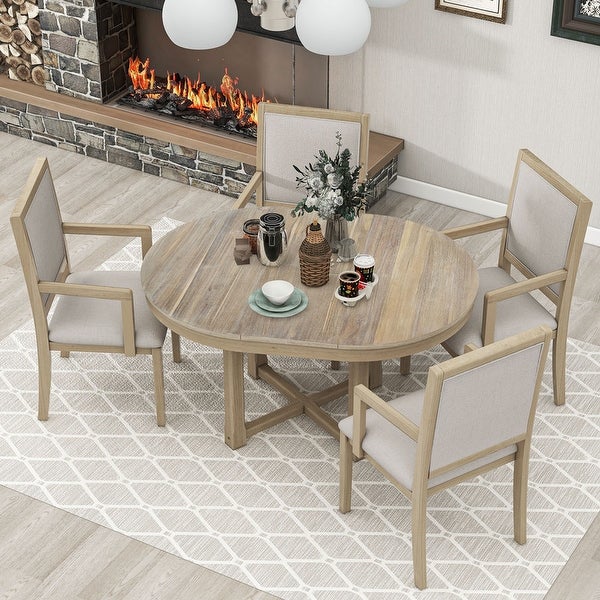 5 piece furniture set， round to oval expandable butterfly leaf dining table and 4 upholstered chairs with armrests， 5 pieces