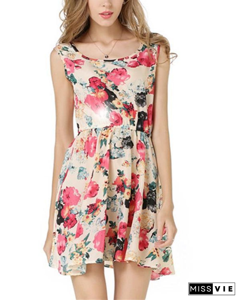 Floral Printed Sleeveless Crew Neck Women Mini Dress