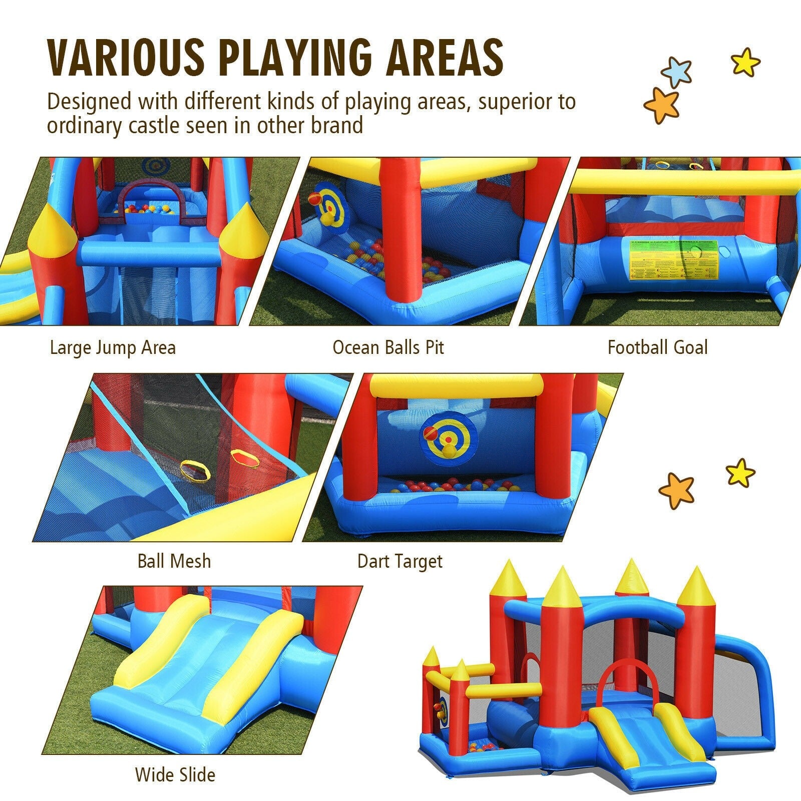 BOUNTECH Inflatable Bounce House, 6 in 1 Jump 'n Slide Bouncer w/ Large Jumping Area (Without Blower)