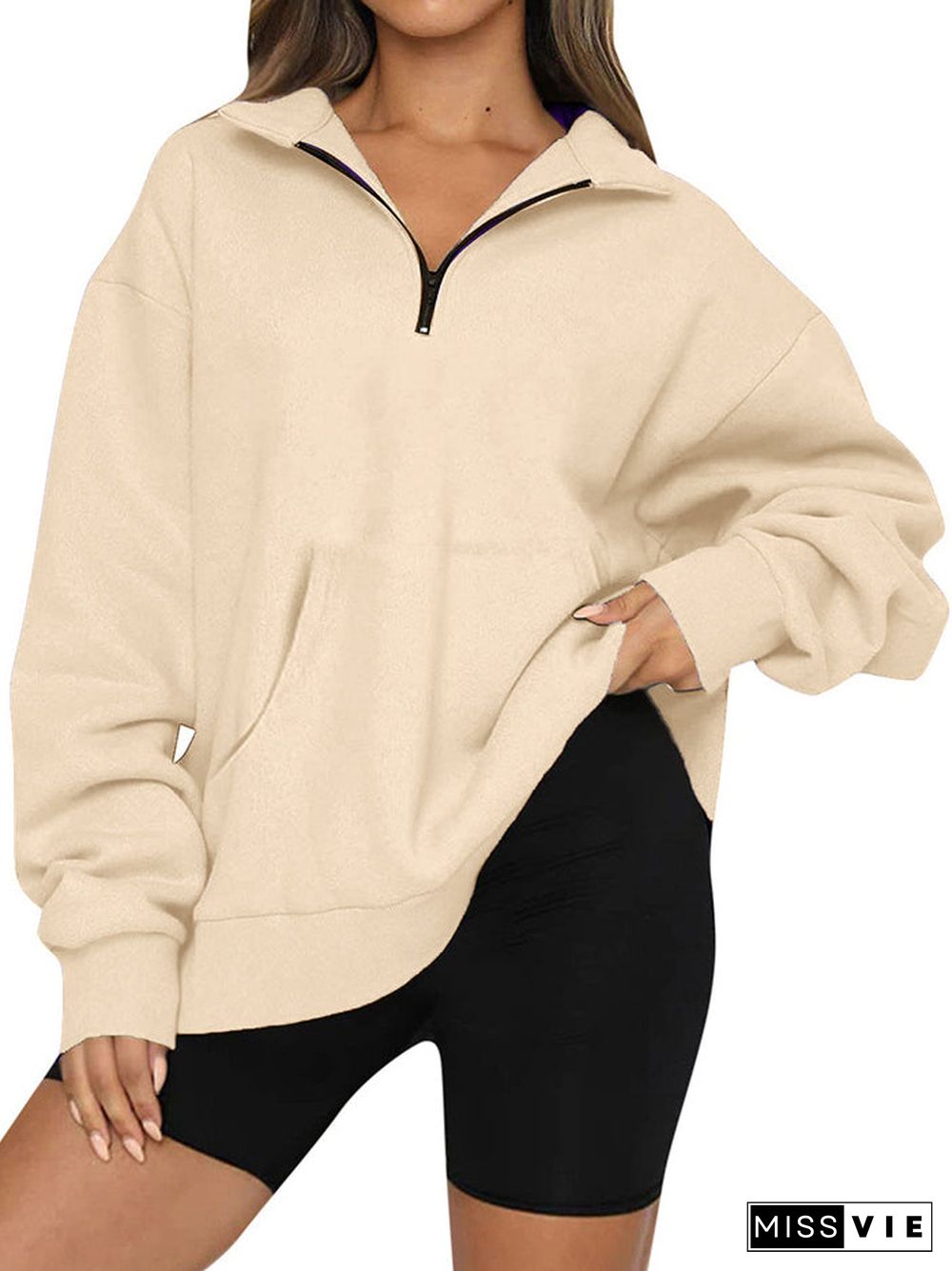 Women Long Sleeve Lapel Solid Pockets Sweatshirts