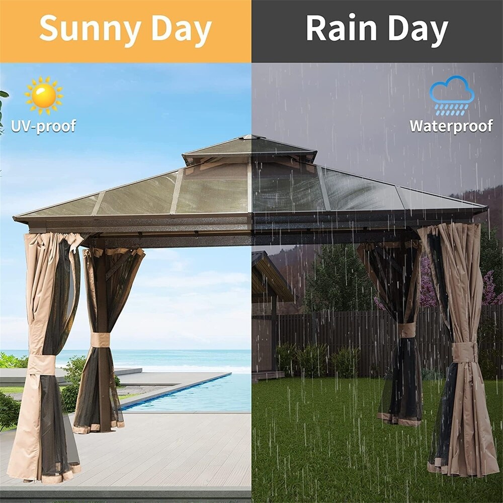 Brown 12 x 12 ft Hardtop Gazebo with Ventilated Polycarbonate Double Roof  Sturdy Aluminum Frame