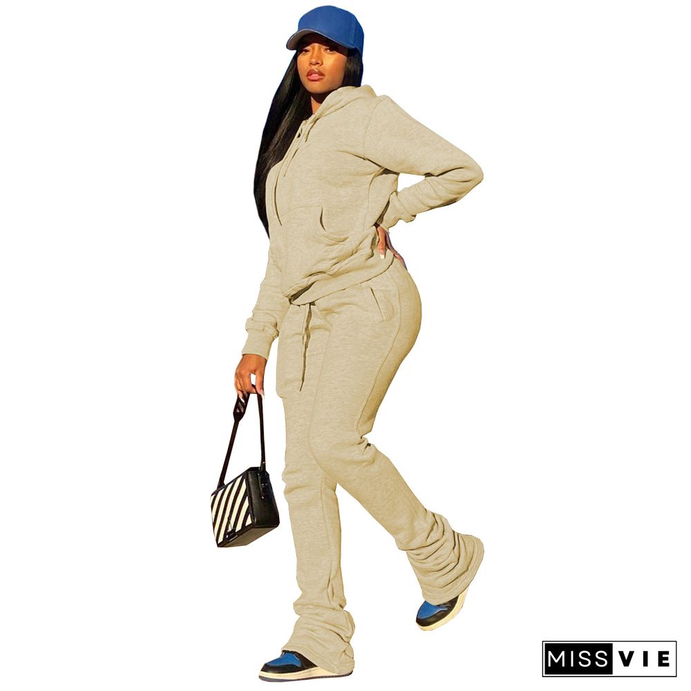 Hooded Sweatshirt Drawstring Stacked Pants Set