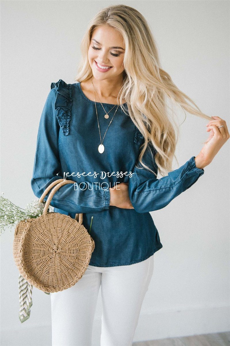 Ruffle Shoulder Long Sleeve Chambray Top