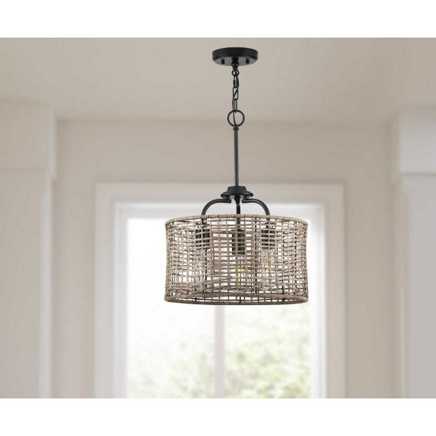 Progress Lighting Lavelle 3 light Semi flush Mount Ceiling Light Matte Black Natural Rattan Shade