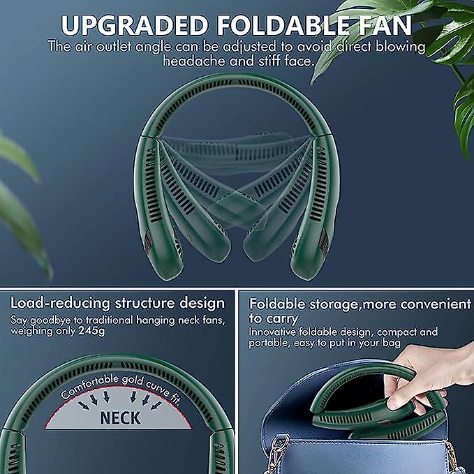 Portable Foldable Leafless Neck Fan， 5000 Mah Rechargeable Battery， 3-speed Adjustment， Suitable For Outdoor Green