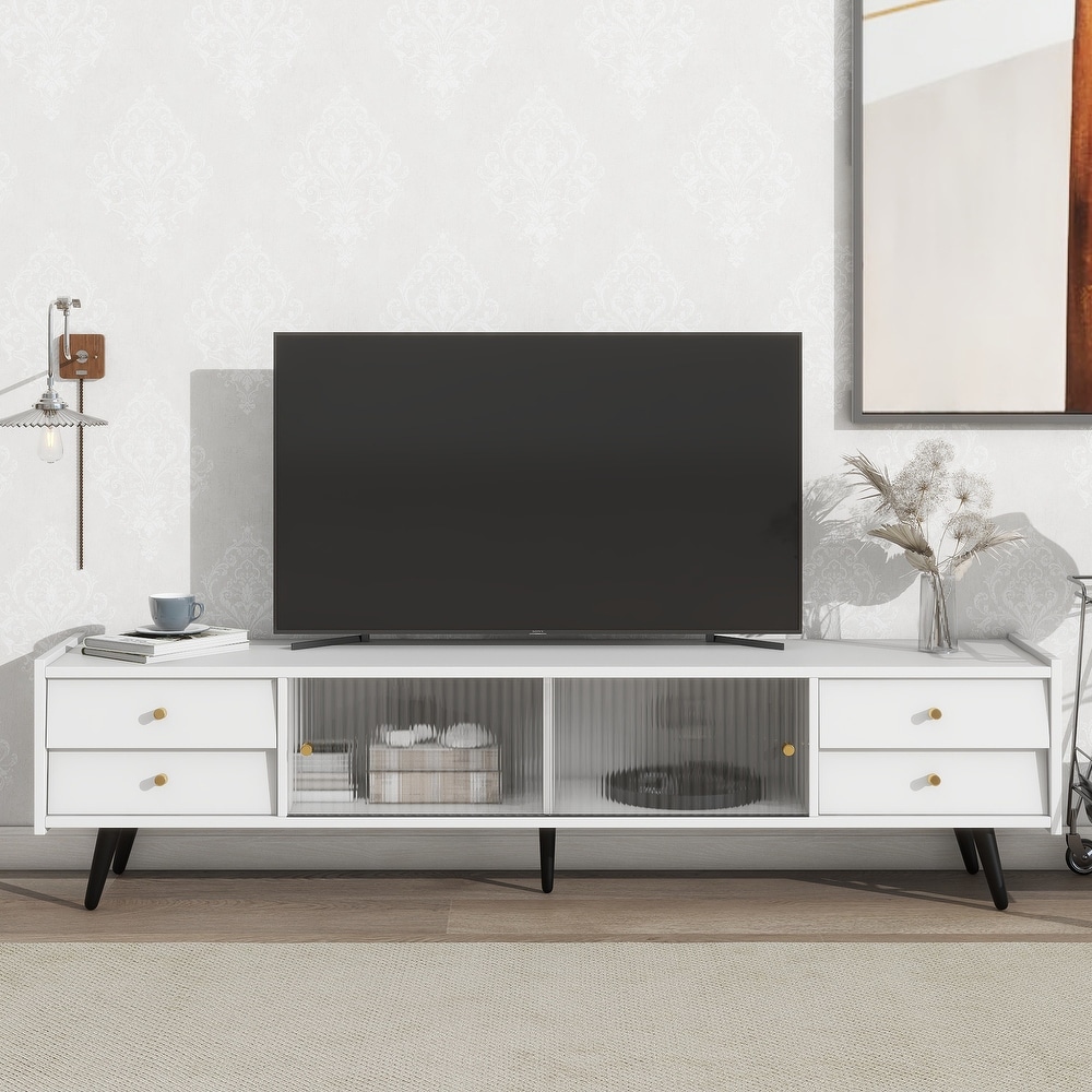 TV Stand with Sliding Fluted Glass Doors  Slanted Drawers Media Console for TVs Up to 70\