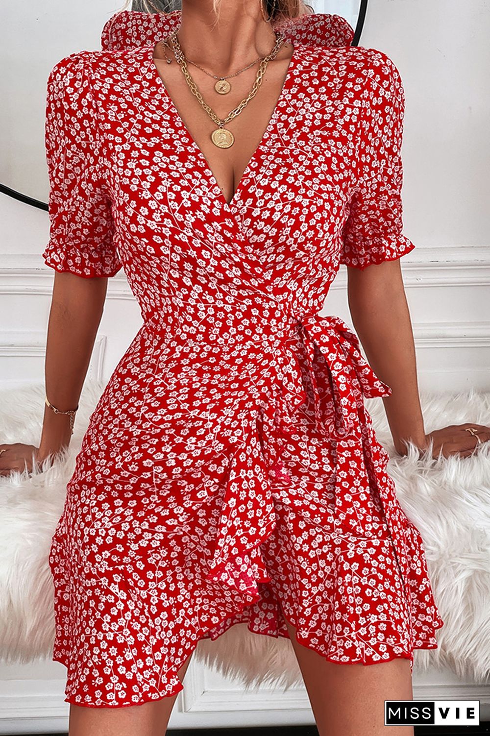 Wrap V Neck Waist Tie Floral Mini Dress