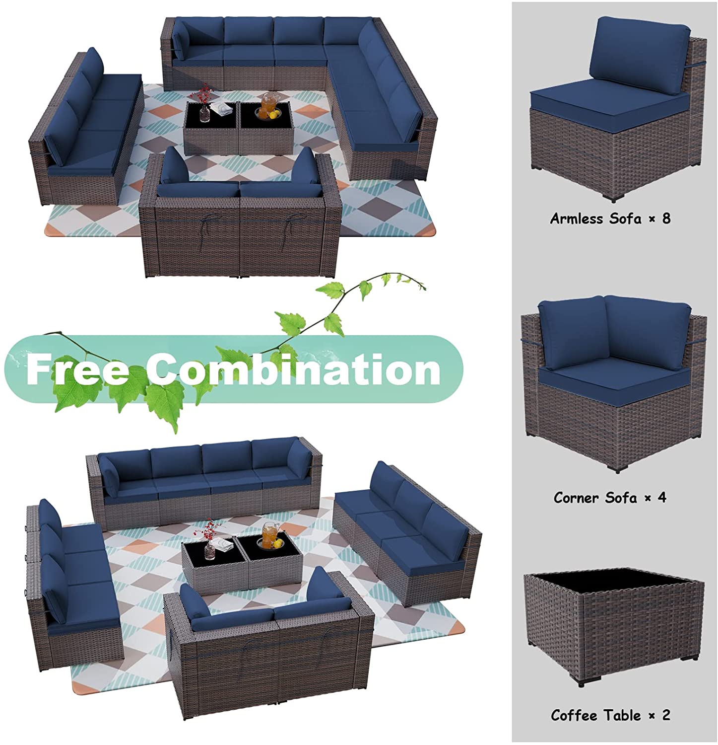 Gotland Outdoor Patio Furniture Set 14 Pieces Sectional Rattan Sofa Set PE Rattan Wicker Patio Conversation Set with Seat Cushions and Tempered Glass Table,navy blue