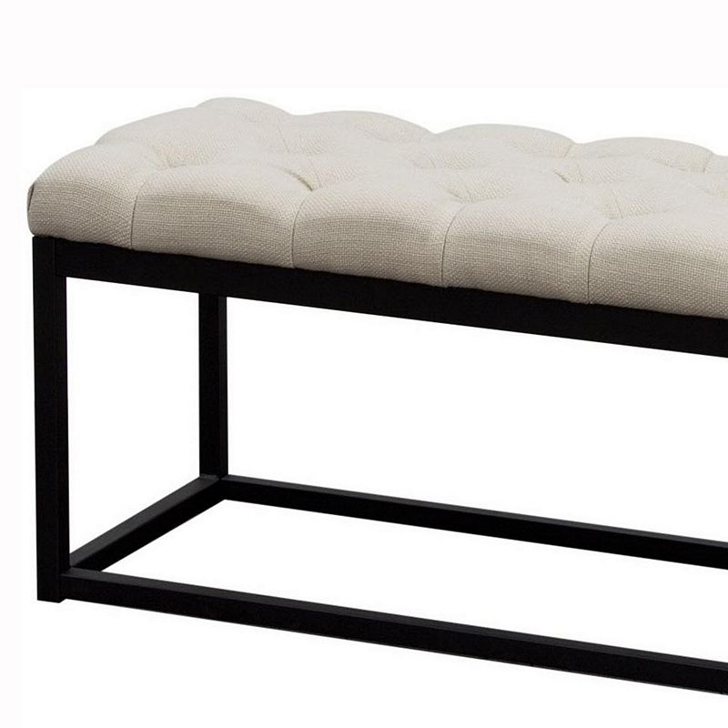 Linen Upholstered Metal Contemporary Bench with Diamond Tuft Details， Beige and Black