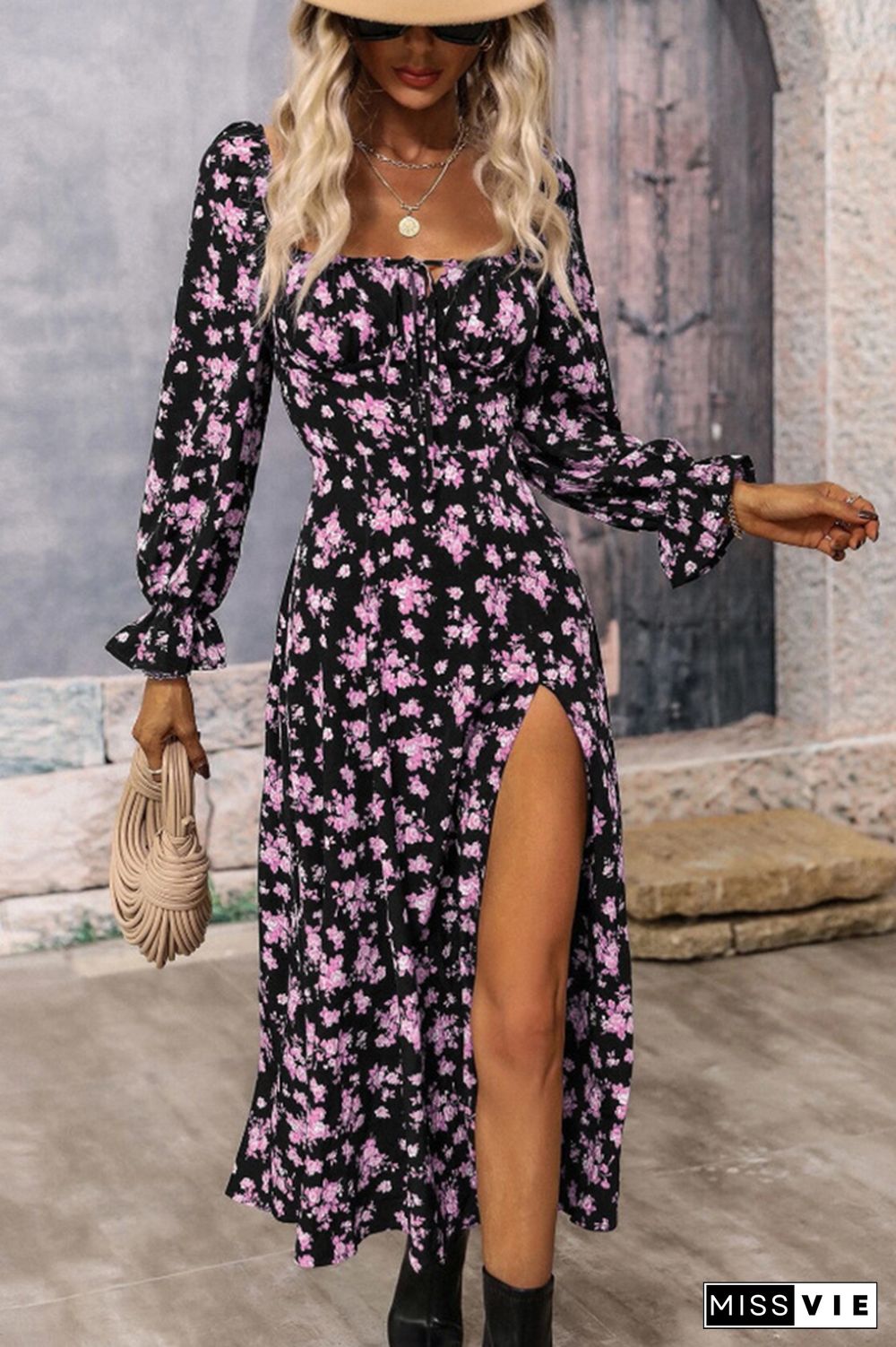 Floral Printed Square Neck Split Collar High Split Maxi Dress