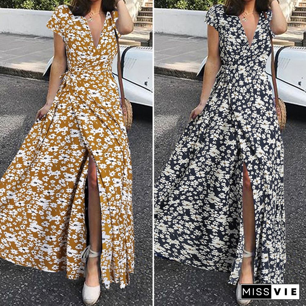 Womens Floral Printed Maxi Dress Summer Short Sleeve Deep V Neck Split Party Elegant Casual Wrap Long Dress Plus Size