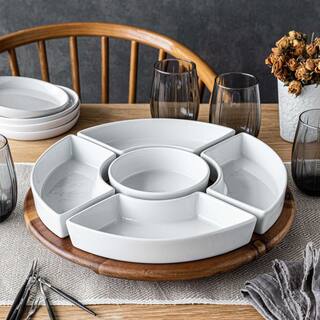 Over and Back 13.98 in. White Porcelain Round Serving Bowl Chip and Dip Lazy Susan (Number of pieces 6) 937103