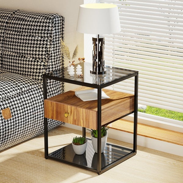 Modern Single-Drawer Glass End Table Bedside Nightstand Storage Table - 17