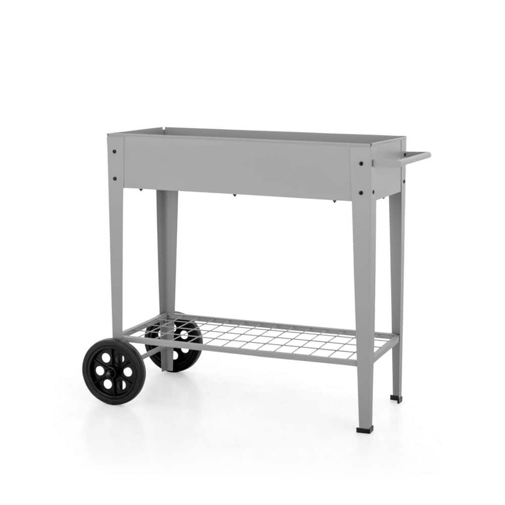 PHI VILLA Steel Elevated Garden Bed Raised Planter Box With Shelf and Wheels in Gray THD-PV-430-G