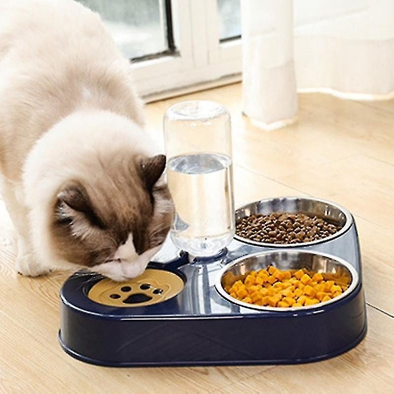 Miman 3 In 1 Dog Feeder Bowl With Dog Water Bottle Cat Automatic Drinking Bowl Cat Food Bowl Pet Stainless Steel Double 3 Bowls-37.5x26.5x5.2cm，blue