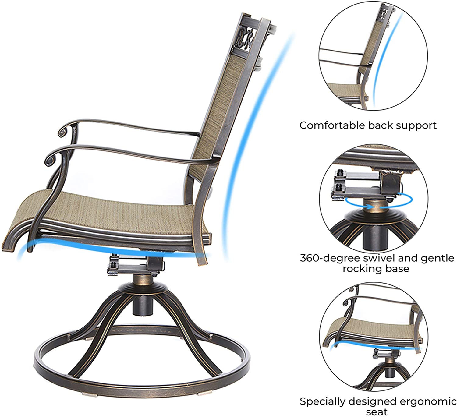 Claire and Barry ALSACE Patio Swivel Rocker Chair， Rustproof aluminum frame， All weather sunbrella sling fabric， 360-degree spin， Champagne - 2 piece set