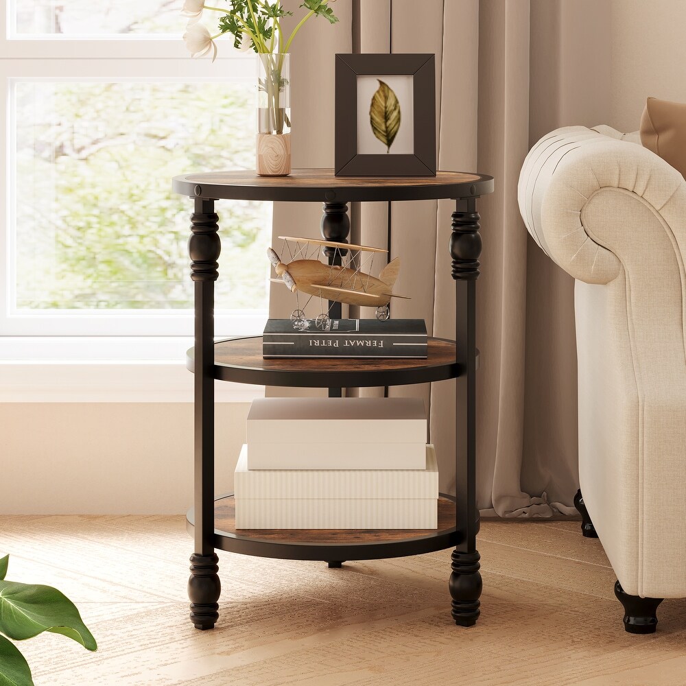 Round End Table with Storage Shelf and Metal Frame Industrial