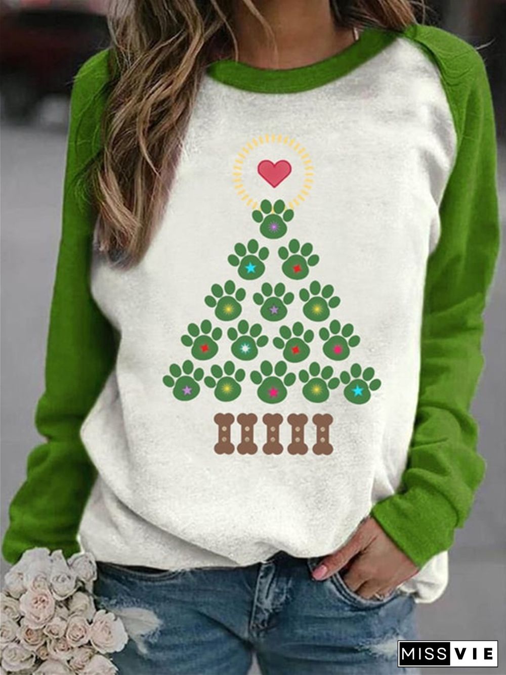 Dog Paw Christmas Tree Colorblock Sweatshirt