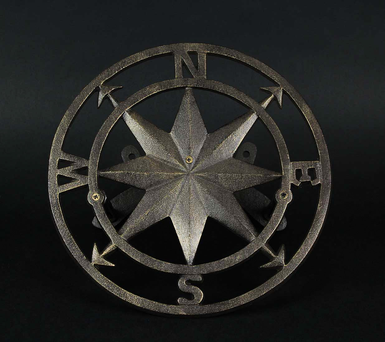 Zeckos Cast Iron Compass Rose Wall Mounted Decorative Hanging Garden Hose Holder Bronze