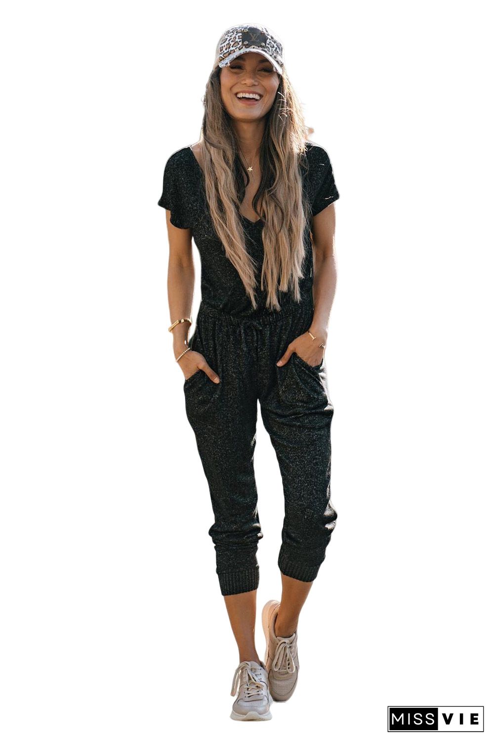 Black Heather Short Sleeve Drawstring High Waist Jumpsuit