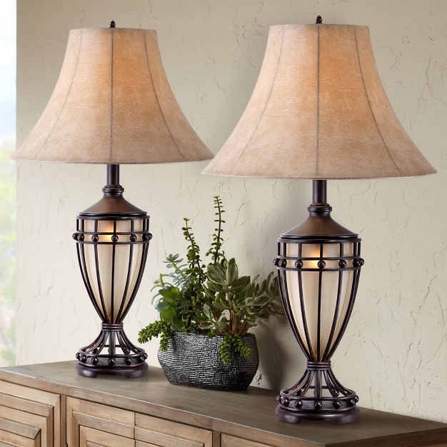 Tall Set Of 2 With Nightlight Brushed Iron Urn Beige Fabric Shade For Living Room Bedroom